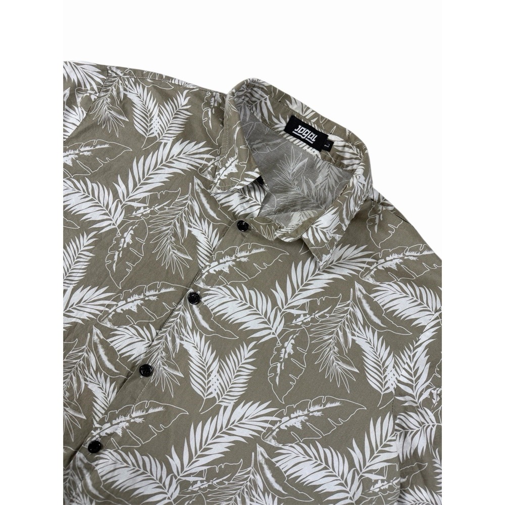 JOGAL Mens L Tropical Leaf Shirt Green White Short Sleeve Button Up 100% Cotton